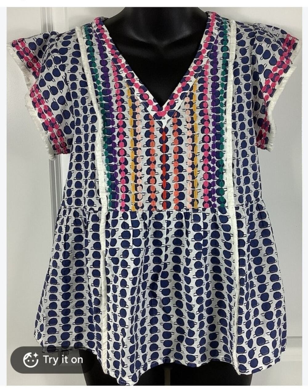 EUC THML Women’s Embroidered Multicolor Ruffle Cap Sleeve Top – Medium